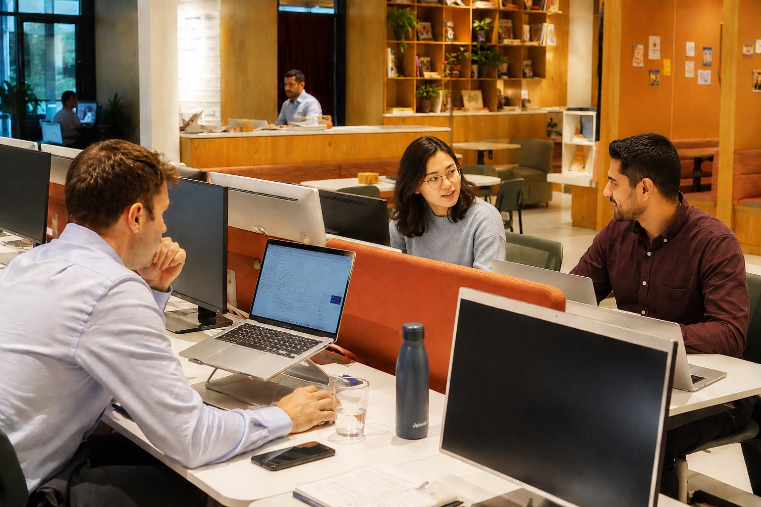 Operators working together — laptops, conversation, real work in a shared workspace.